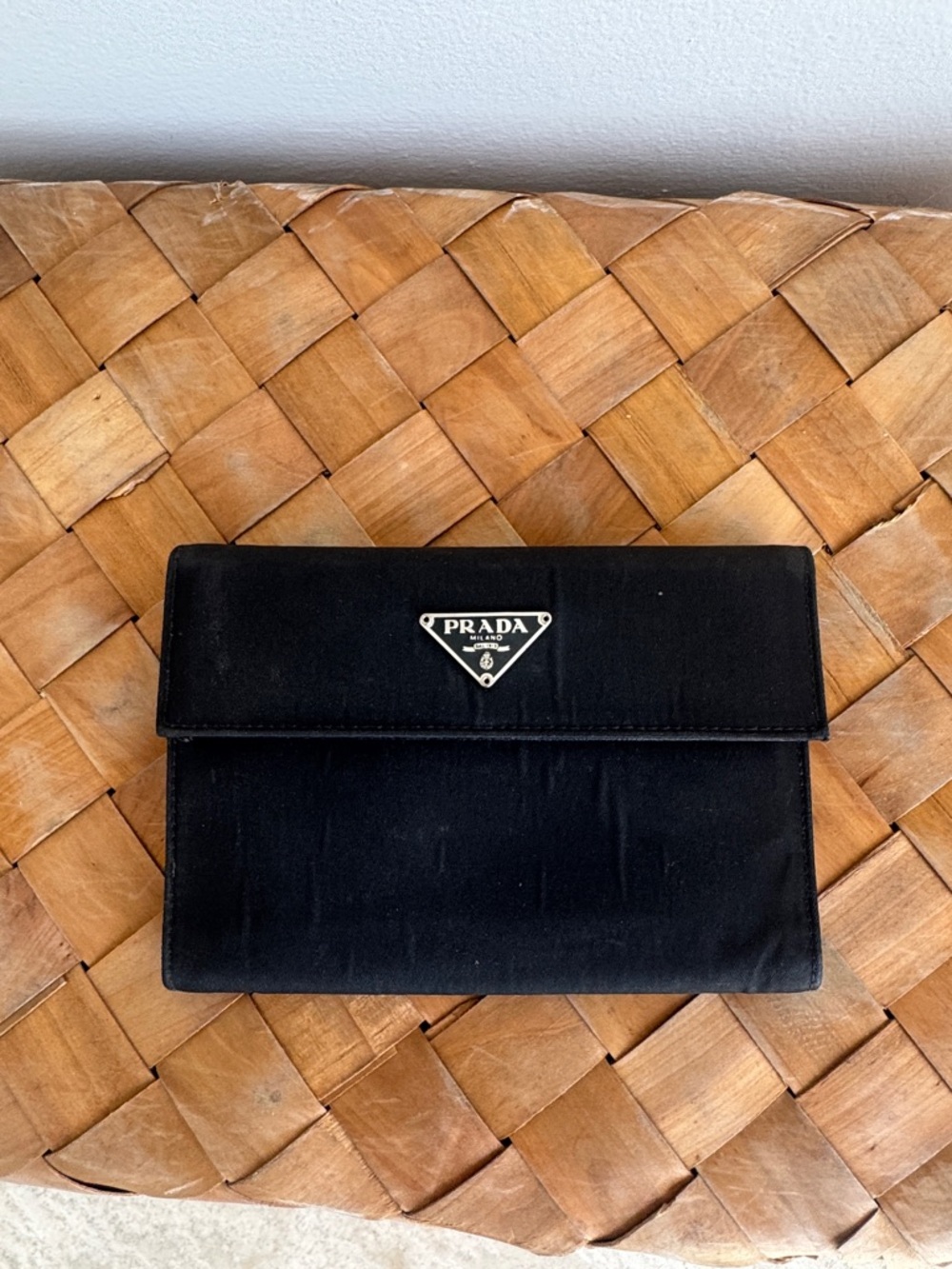 Prada Black Satin Envelope Clutch with Logo Plaque